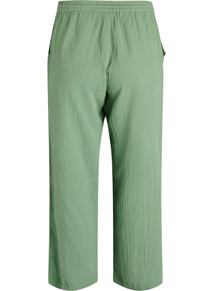 High-waisted cotton muslin trousers with loose legs, Green, Packshot image number 1