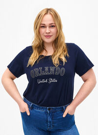 Cotton T-shirt with text, Navy B. Orlando, Model