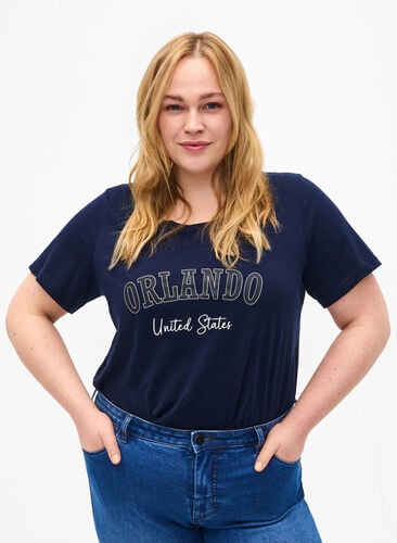 Cotton T-shirt with text, Navy B. Orlando, Model image number 0