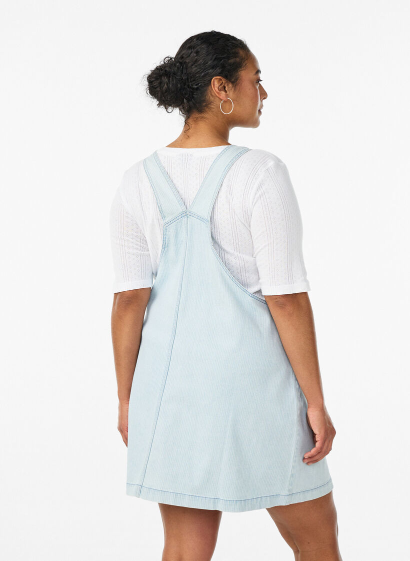 Short denim dungaree dress in striped cotton, Light Blue, Model image number 2