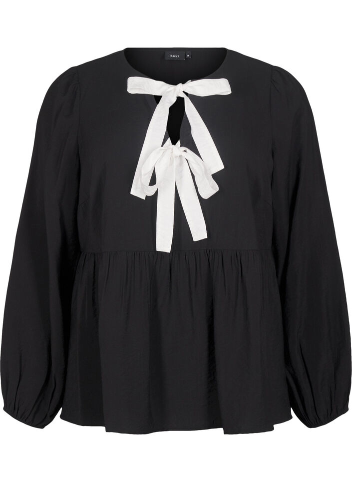 Viscose blouse with bows and long sleeves, Black White Bow, Packshot image number 0