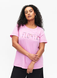 Cotton T-shirt with text print, Rosebloom w. Flower, Model