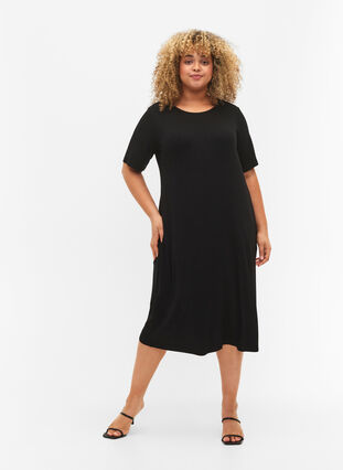 Viscose rib midi dress with short sleeves, Black, Model image number 2