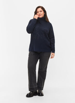 Knitted top with turtleneck and sequins, Navy Blazer, Model image number 2