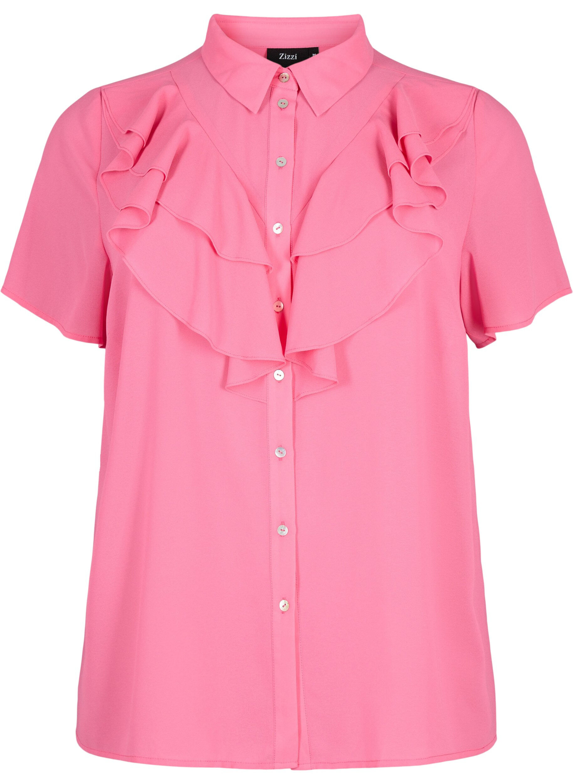 Zizzifashion Short sleeve shirt blouse with ruffles, Pink Power, Packshot image number 0