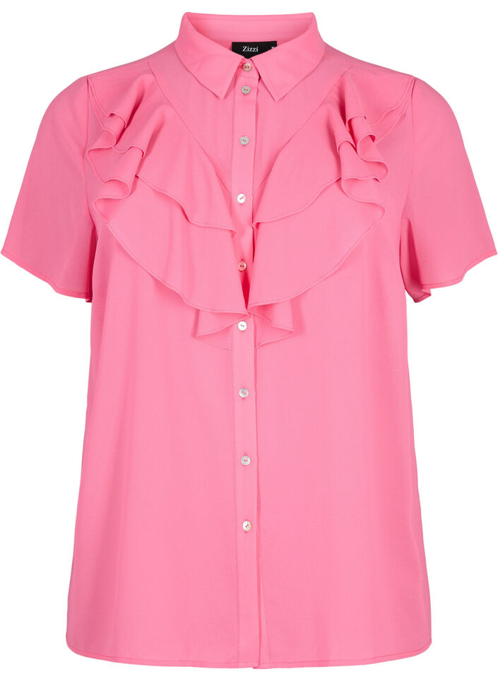 Short sleeve shirt blouse with ruffles, Pink Power, Packshot image number 0