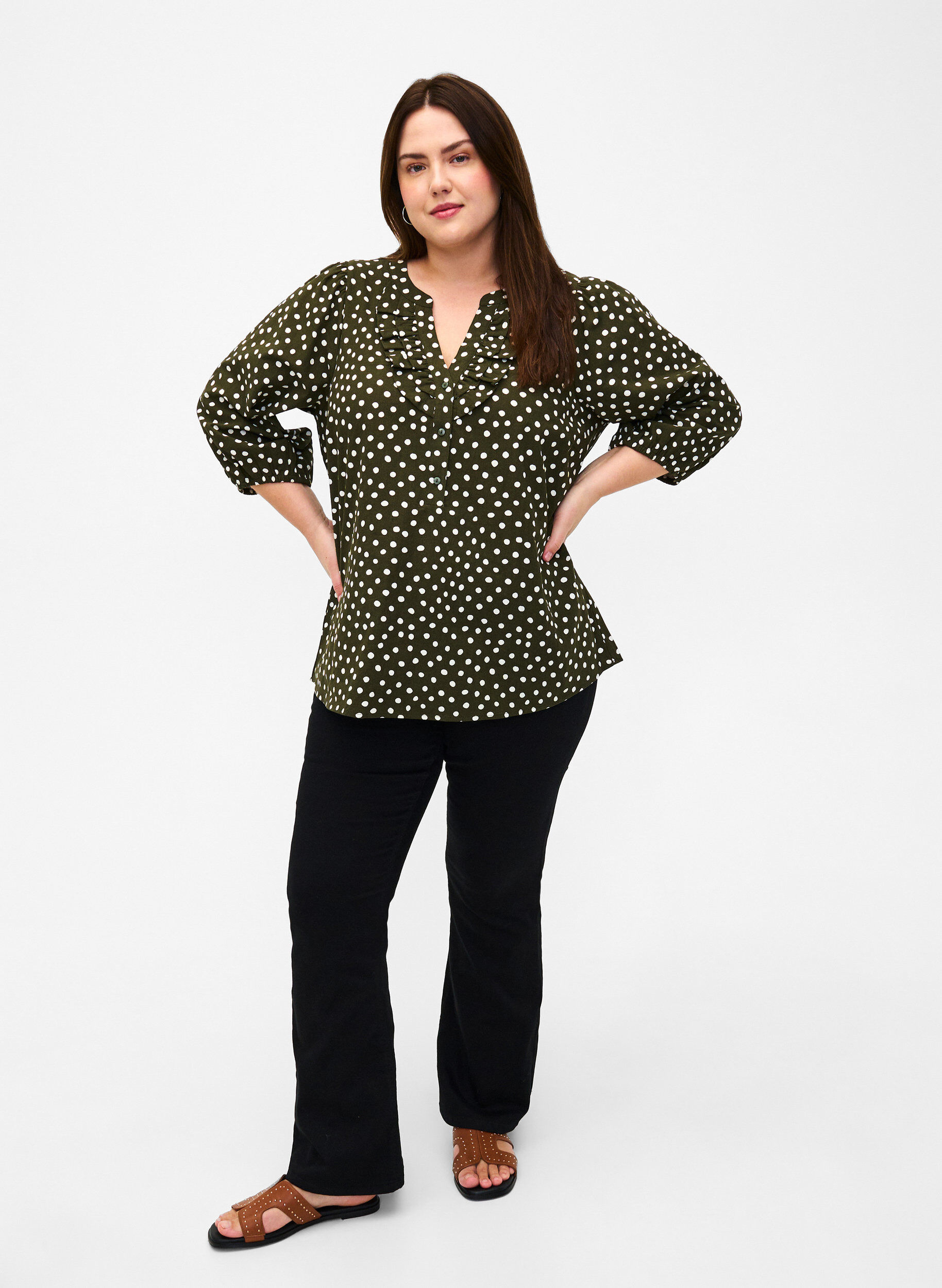 Zizzifashion 3/4 sleeve cotton Blouse with polka dots, Forest Night Dot, Model image number 2