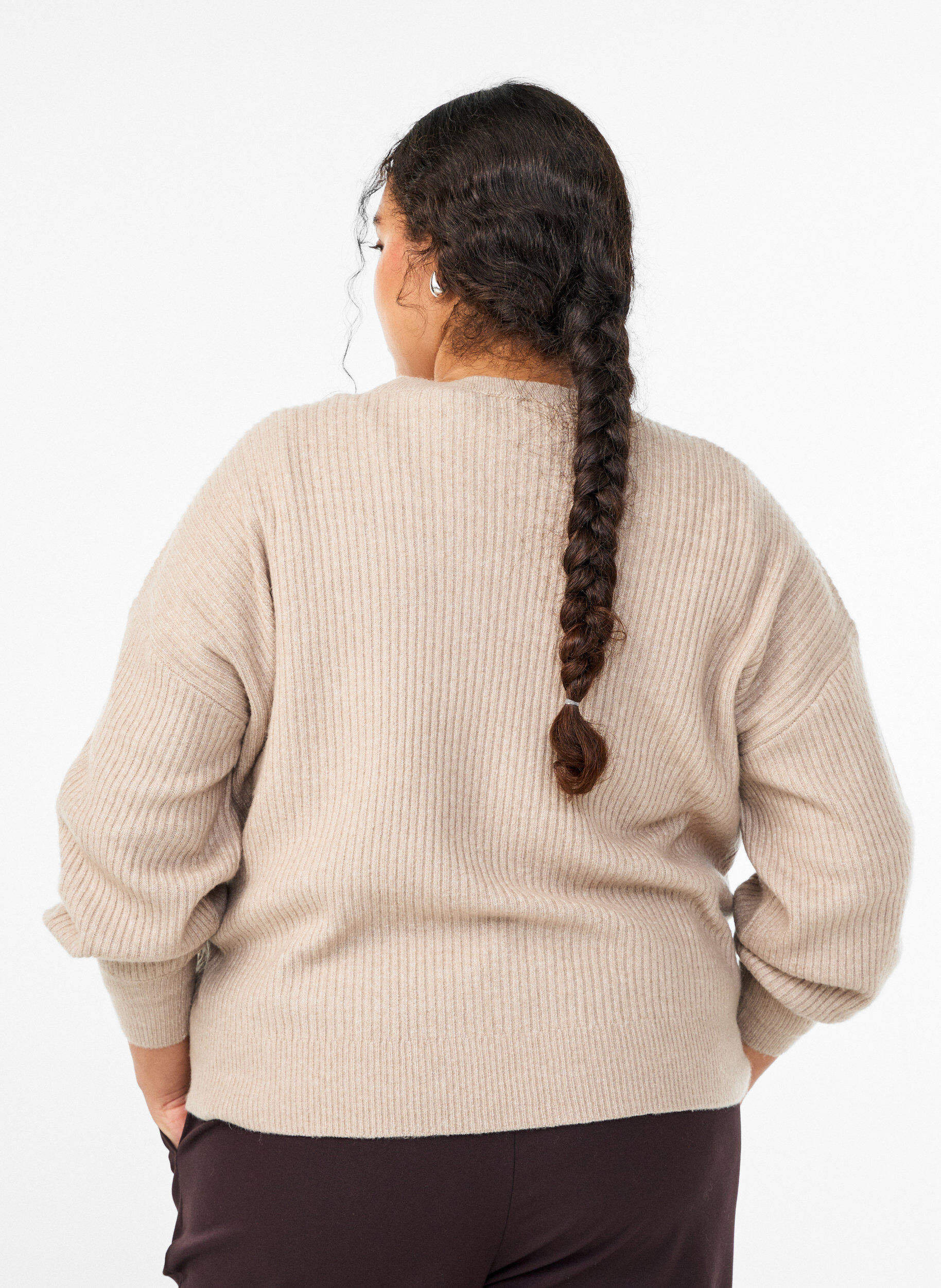 Zizzifashion Ribbed cardigan with buttons, Beige, Model image number 2
