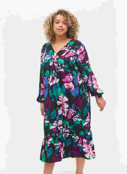 Floral midi dress with long sleeves in viscose