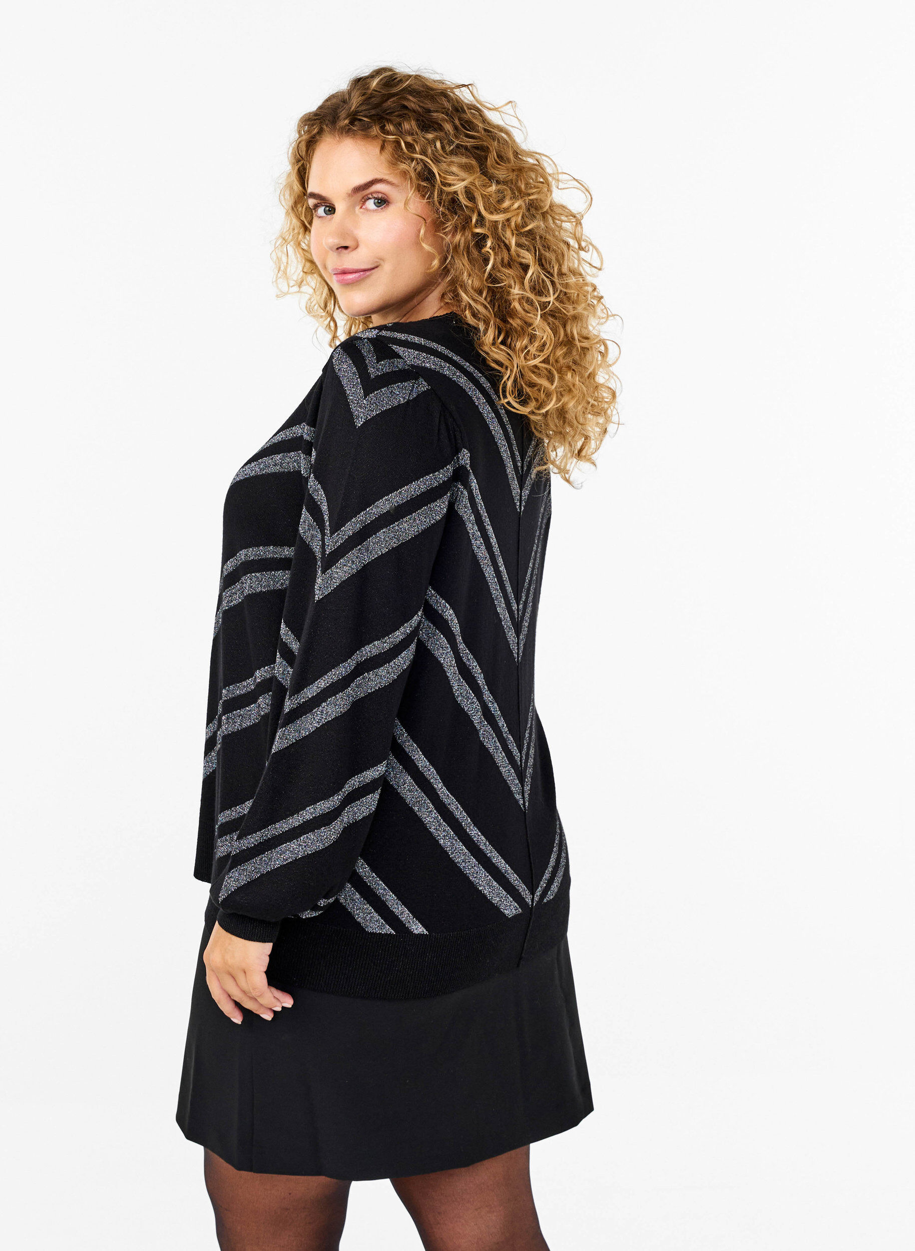 Zizzifashion Knitted jumper with a round neck and shimmer, Black w.S.L.Stripes, Model image number 1