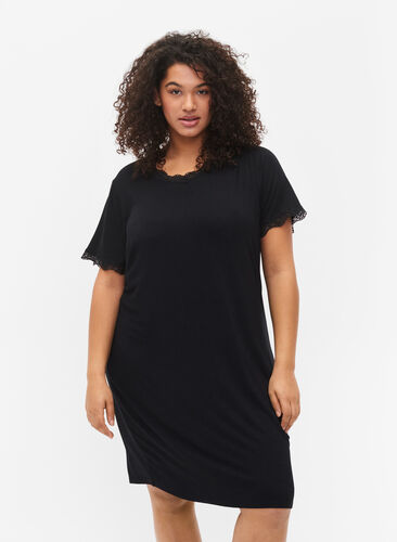 Short-sleeved viscose nightie with lace edges, Black, Model image number 0