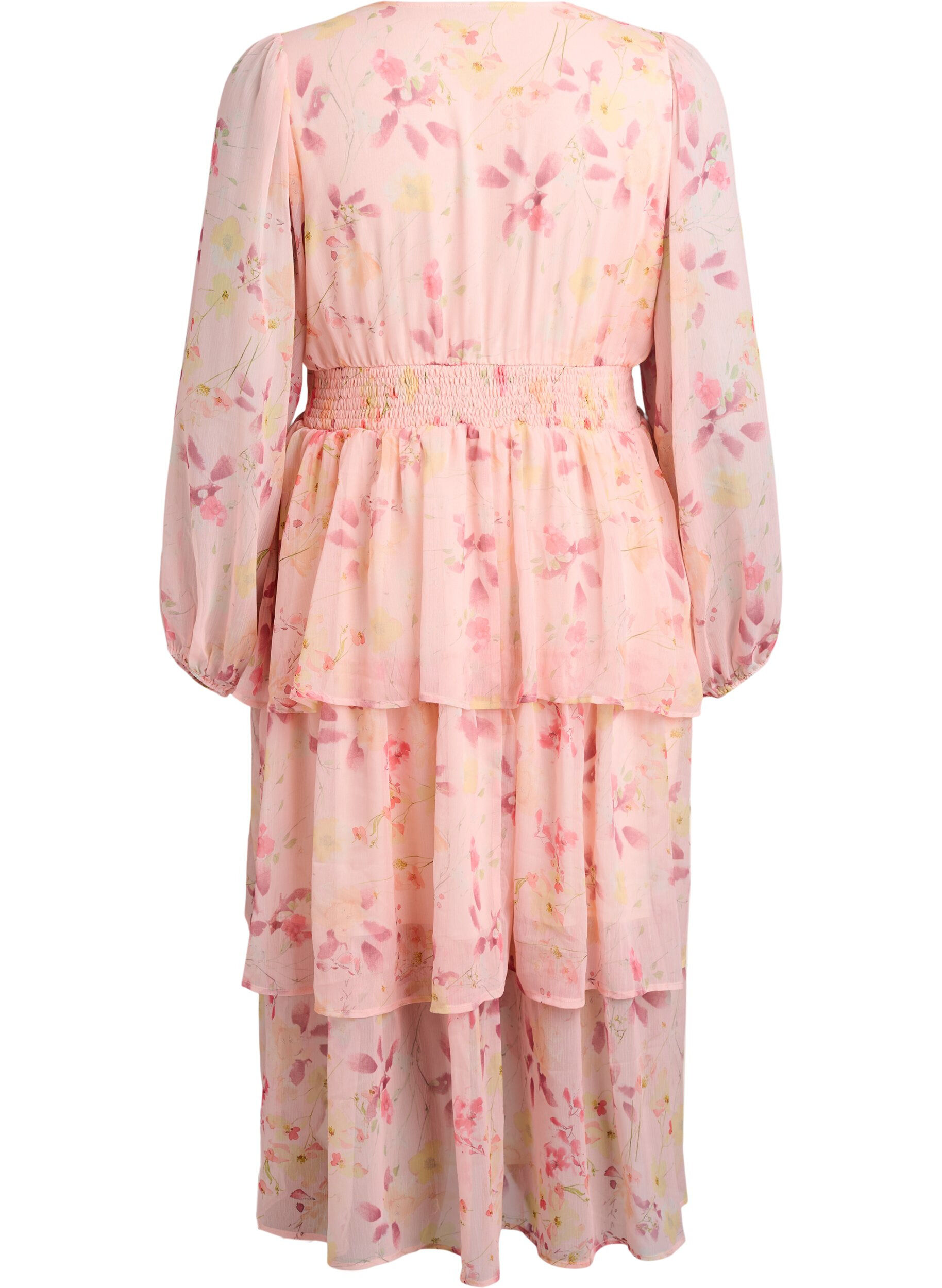 Zizzifashion Floral midi dress in chiffon with a smocked waist, Orange, Packshot image number 1