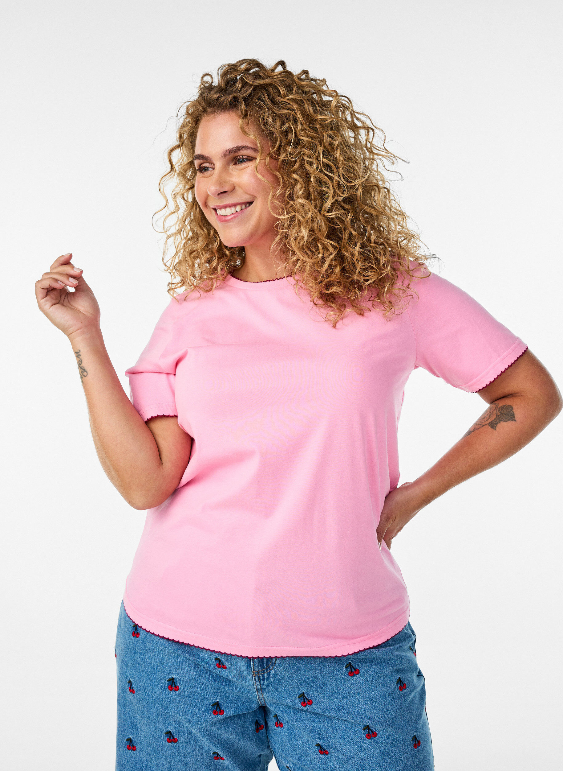 ZizzifashionCotton T-shirt with wavy contrasting edges, Pink, Model image number 0