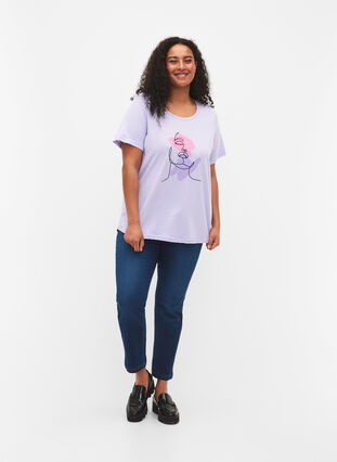 Cotton t-shirt with round neck and print, Lavender FACE, Model image number 2