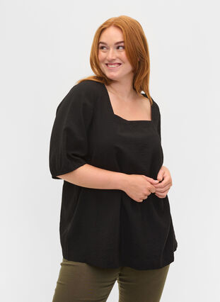 Balloon sleeve blouse, Black, Model image number 0