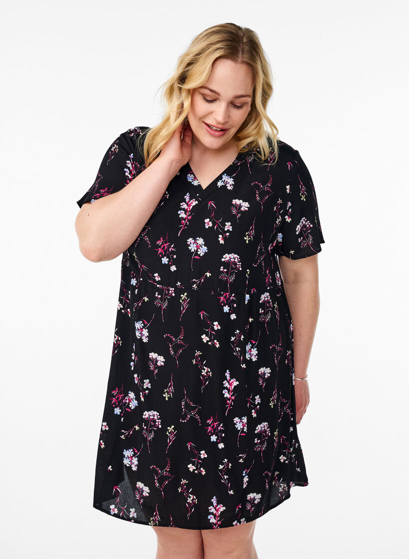 Short dress with floral print, Black, Model image number 0