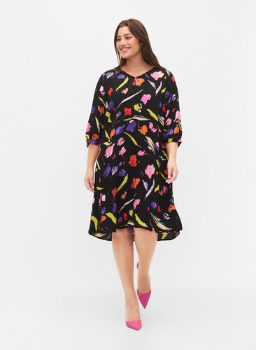 Dress in viscose with print and 3/4 sleeves, Faded Tulip AOP, Model image number 2