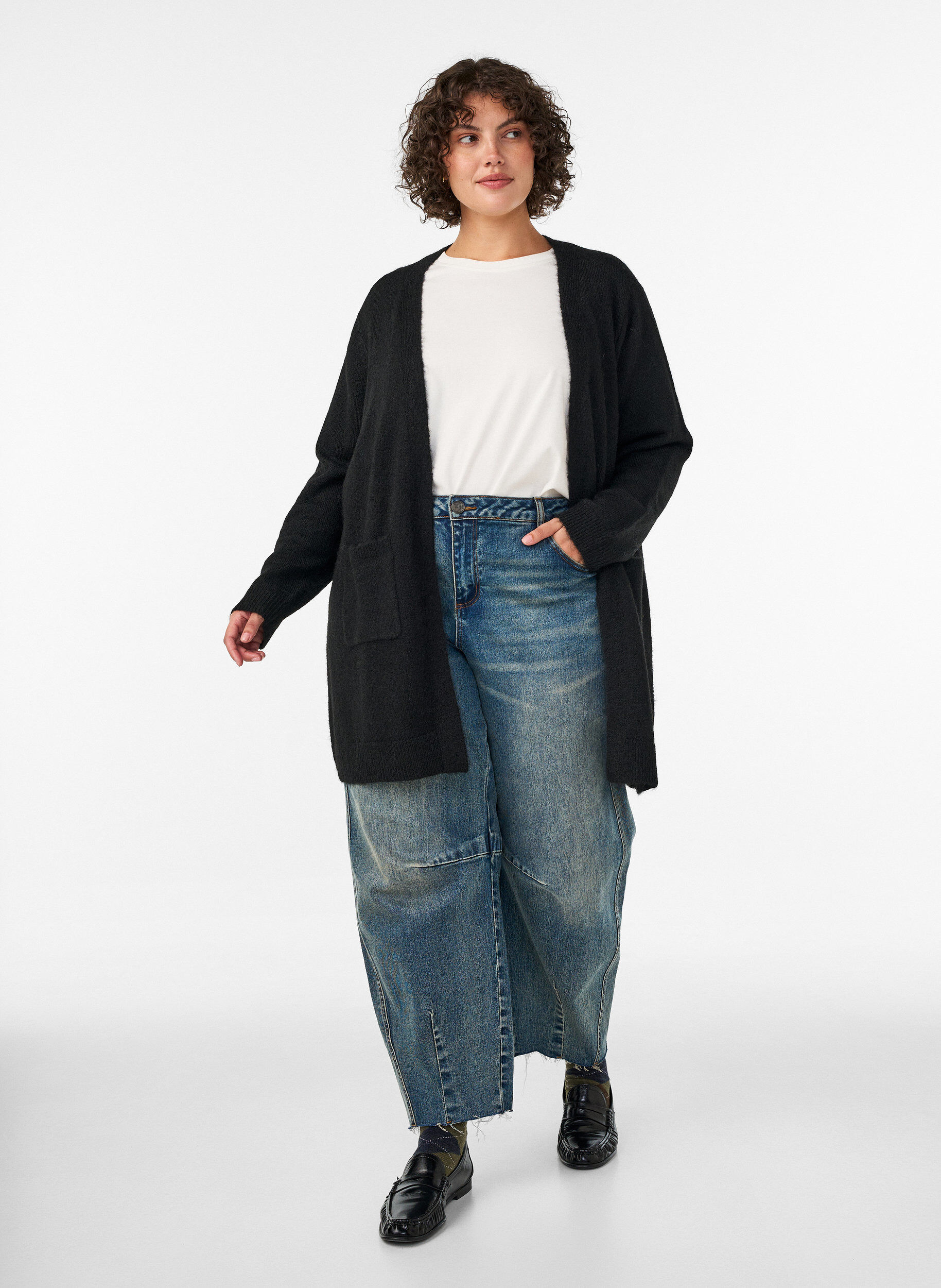 ZizzifashionLong cardigan with pockets, Black, Model image number 1