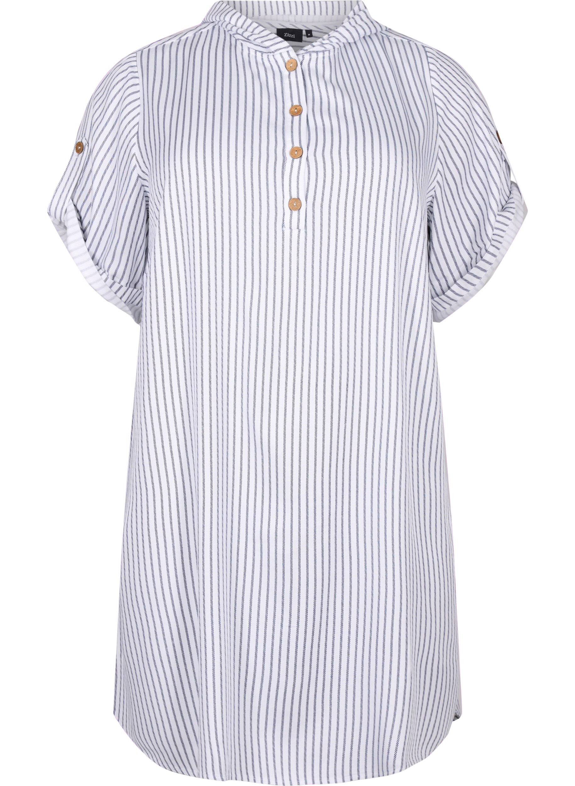 Zizzifashion Short-sleeved viscose tunic with hood, Blue White Stripe, Packshot image number 0