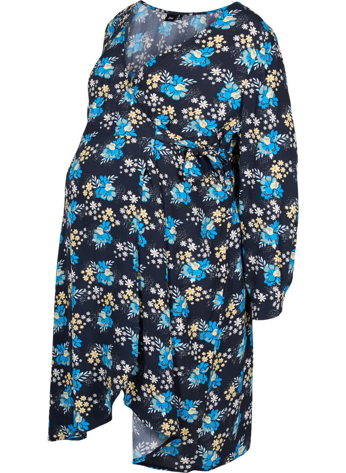 Floral maternity wrap dress in viscose, Blue, Packshot image number 0