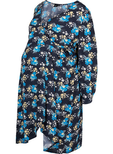 Floral maternity wrap dress in viscose, Blue Flower AOP, Packshot image number 0