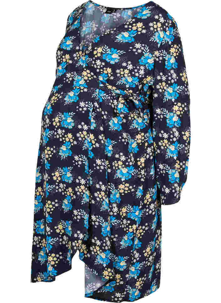 Floral maternity wrap dress in viscose, Blue Flower AOP, Packshot