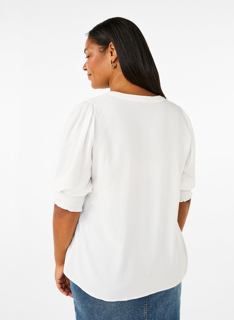 Viscose blouse with smock and ruffle detail, Bright White, Model image number 1