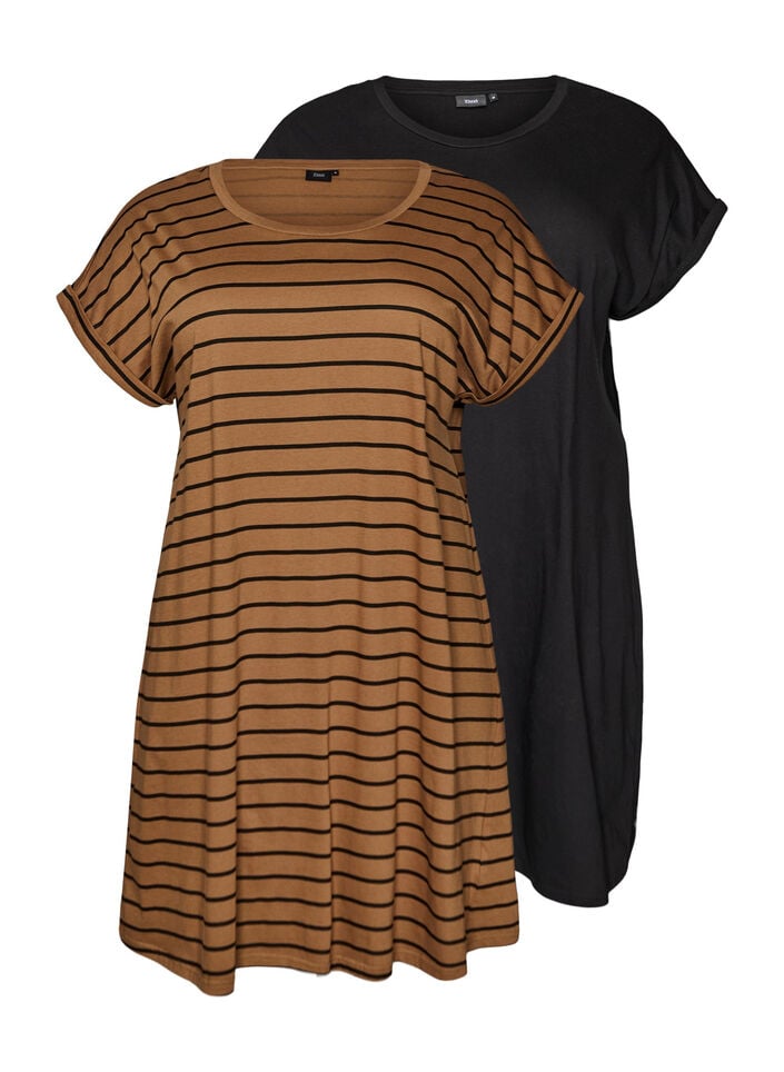 2-pack T-shirt dress with short sleeves, Brown, Packshot image number 0