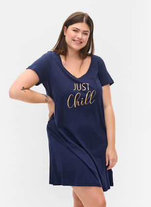 Short-sleeved nightdress in cotton, Peacoat CHILL, Model image number 0