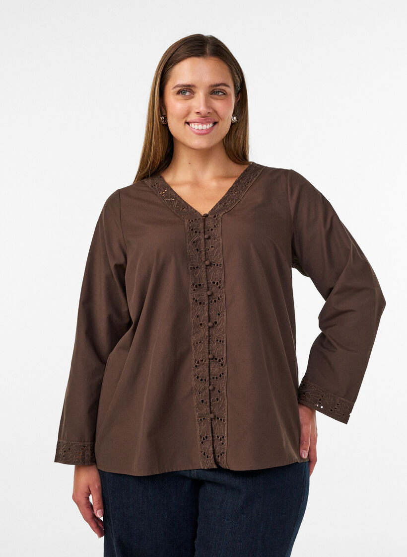Shirt blouse with broderie anglaise, Brown, Model image number 0