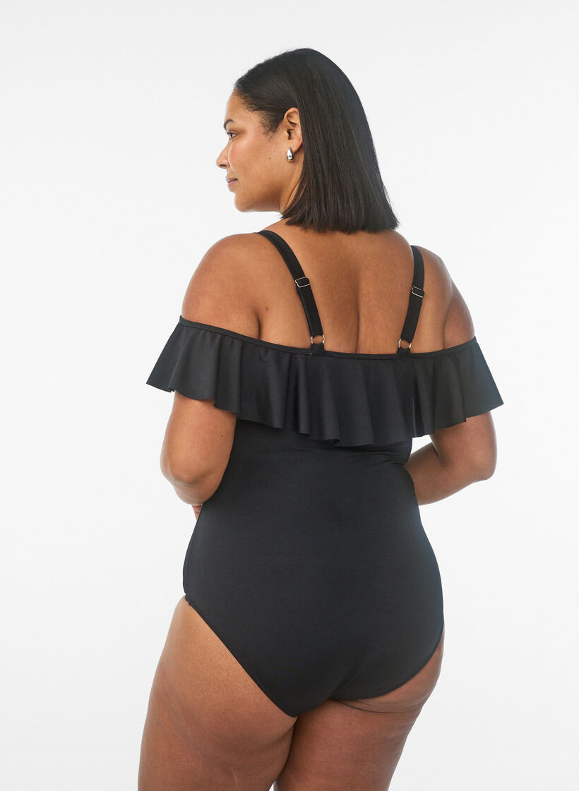 Swimsuit with underwire and ruffle trim, Black, Model image number 1