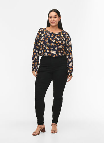 FLASH - Long sleeved blouse with smock and print, Navy Brown Flower, Model image number 2