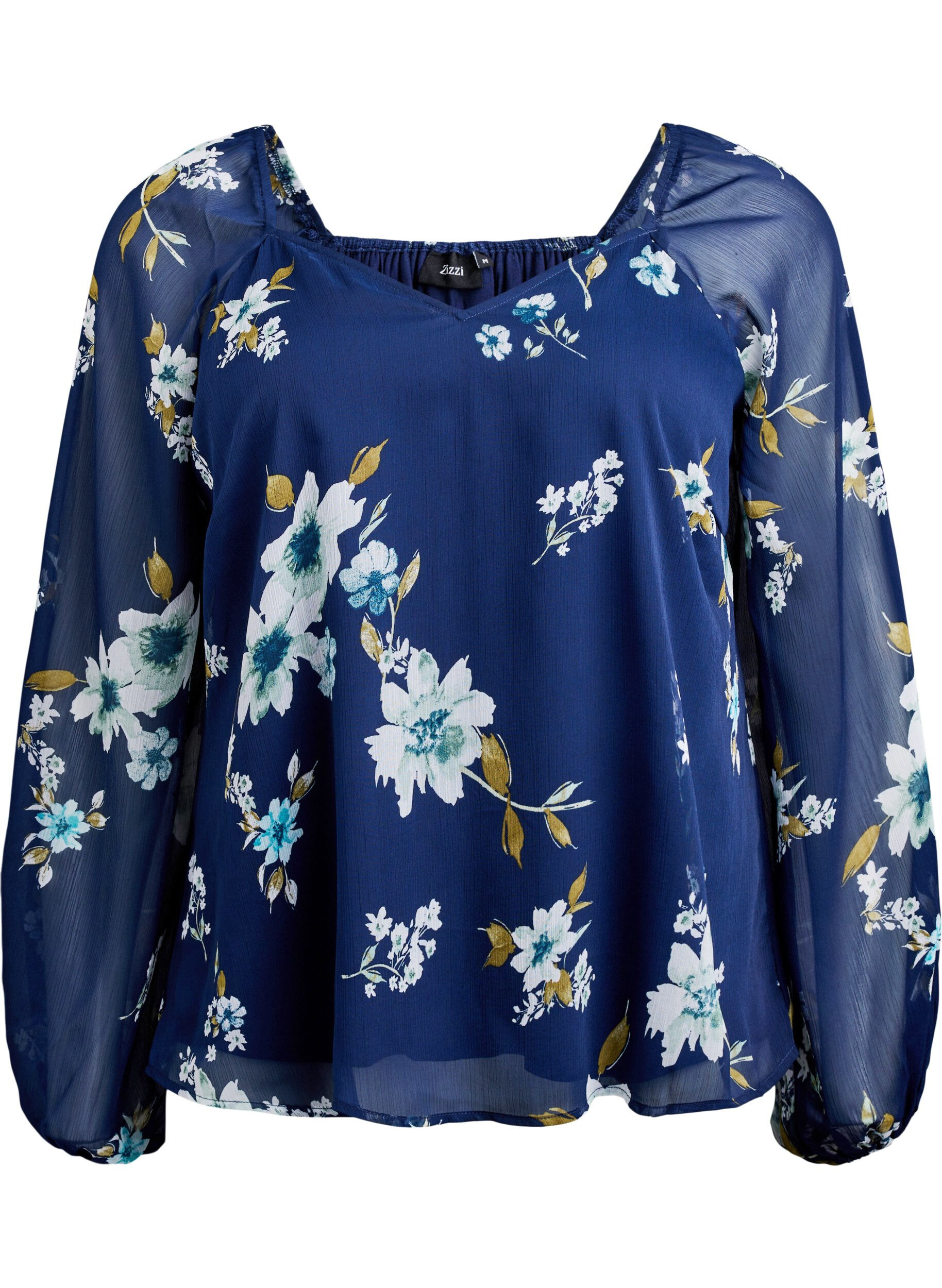 ZizzifashionChiffon blouse with floral print and long sleeves, Blue, Packshot image number 0