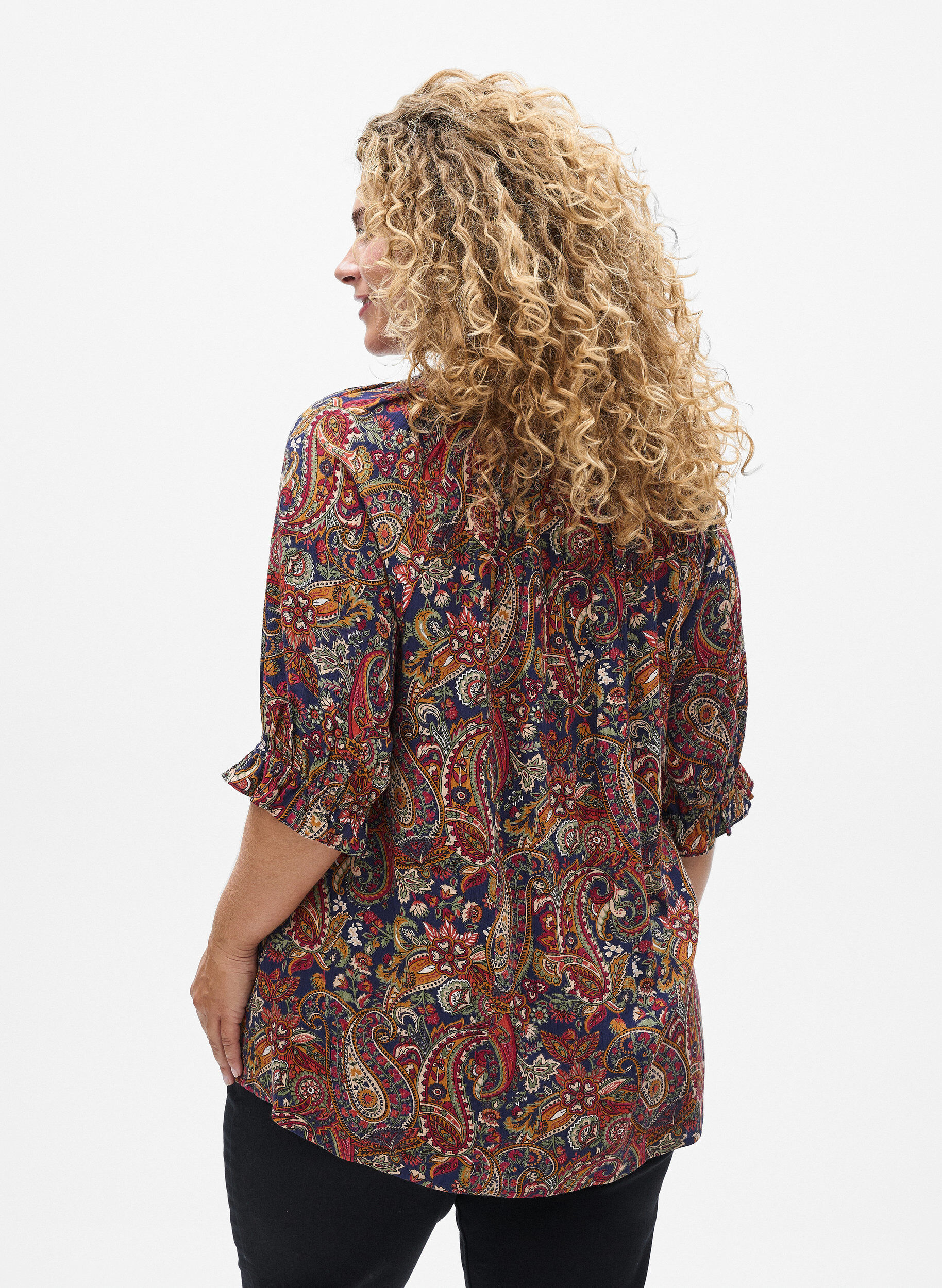 Zizzifashion Viscose blouse with paisley print and elbow length sleeves, Blue, Model image number 2