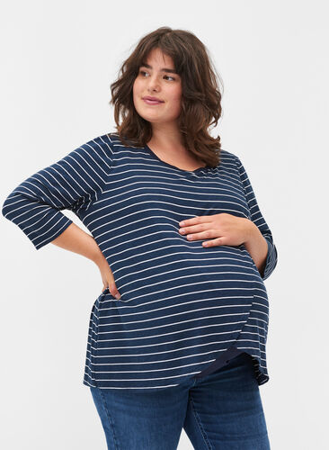 Striped maternity blouse with 3/4 sleeves, Blue Stripe , Model image number 0