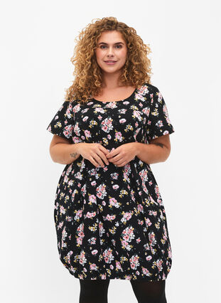 Short-sleeved cotton dress with floral print, Black W. Rose F. , Model image number 0