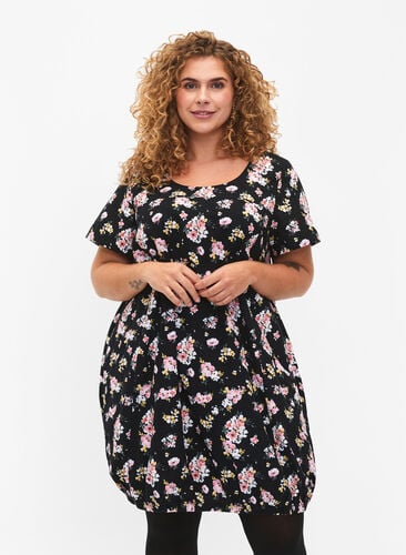 Short-sleeved, printed cotton dress, Black W. Rose F. , Model image number 0