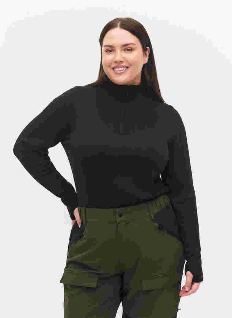 Bamboo knitted top with high neck and zip, Black, Model image number 0