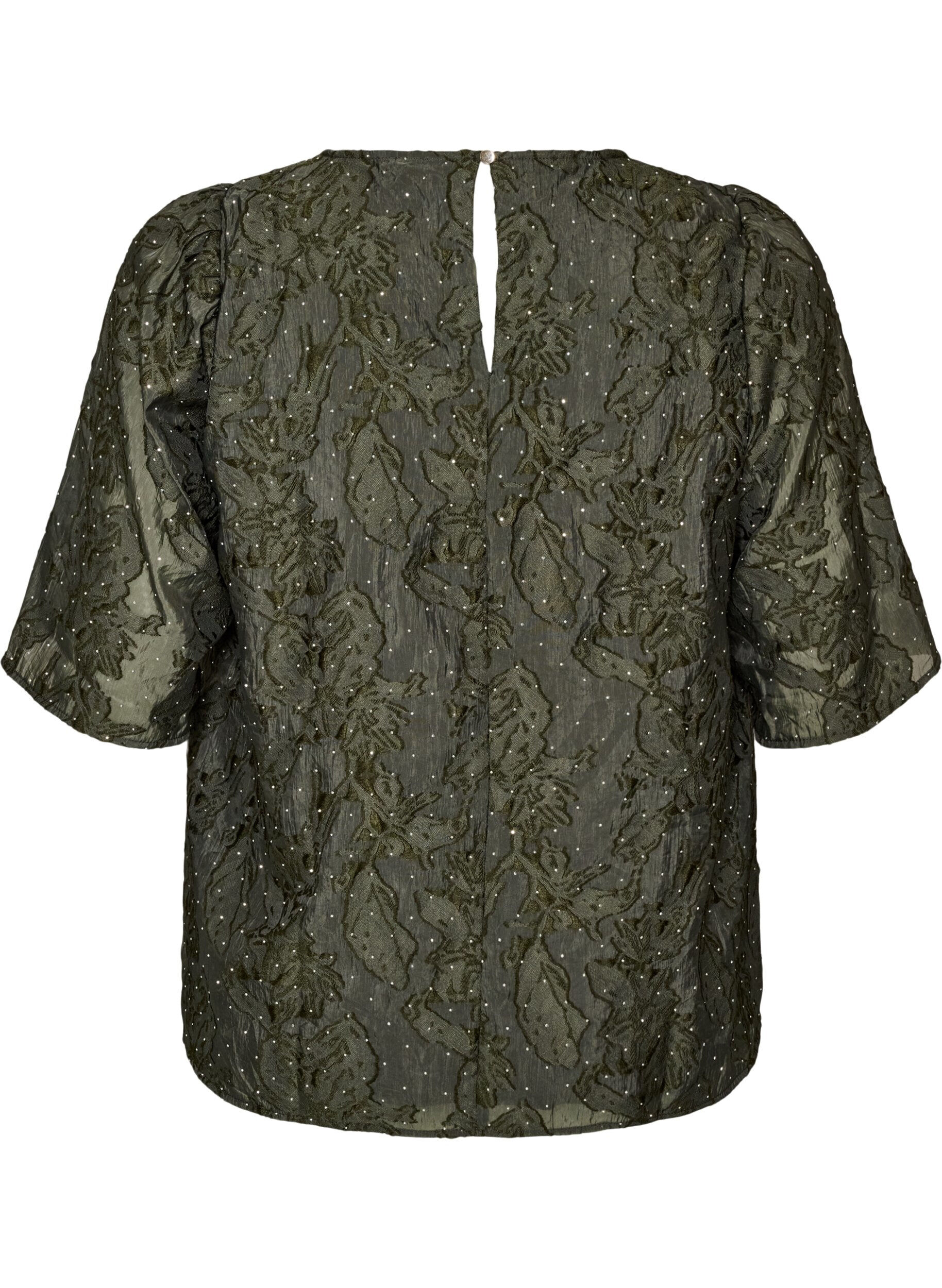 ZizzifashionJacquard blouse with sparkly details and puff sleeves, Green, Packshot image number 1