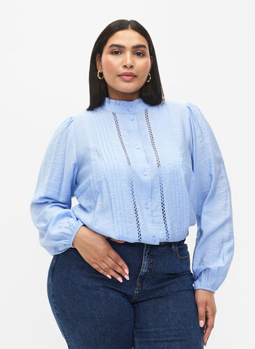 Viscose shirt blouse with ruffle collar, Serenity, Model image number 0