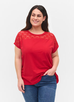 Short-sleeved cotton t-shirt with lace, Tango Red, Model image number 0