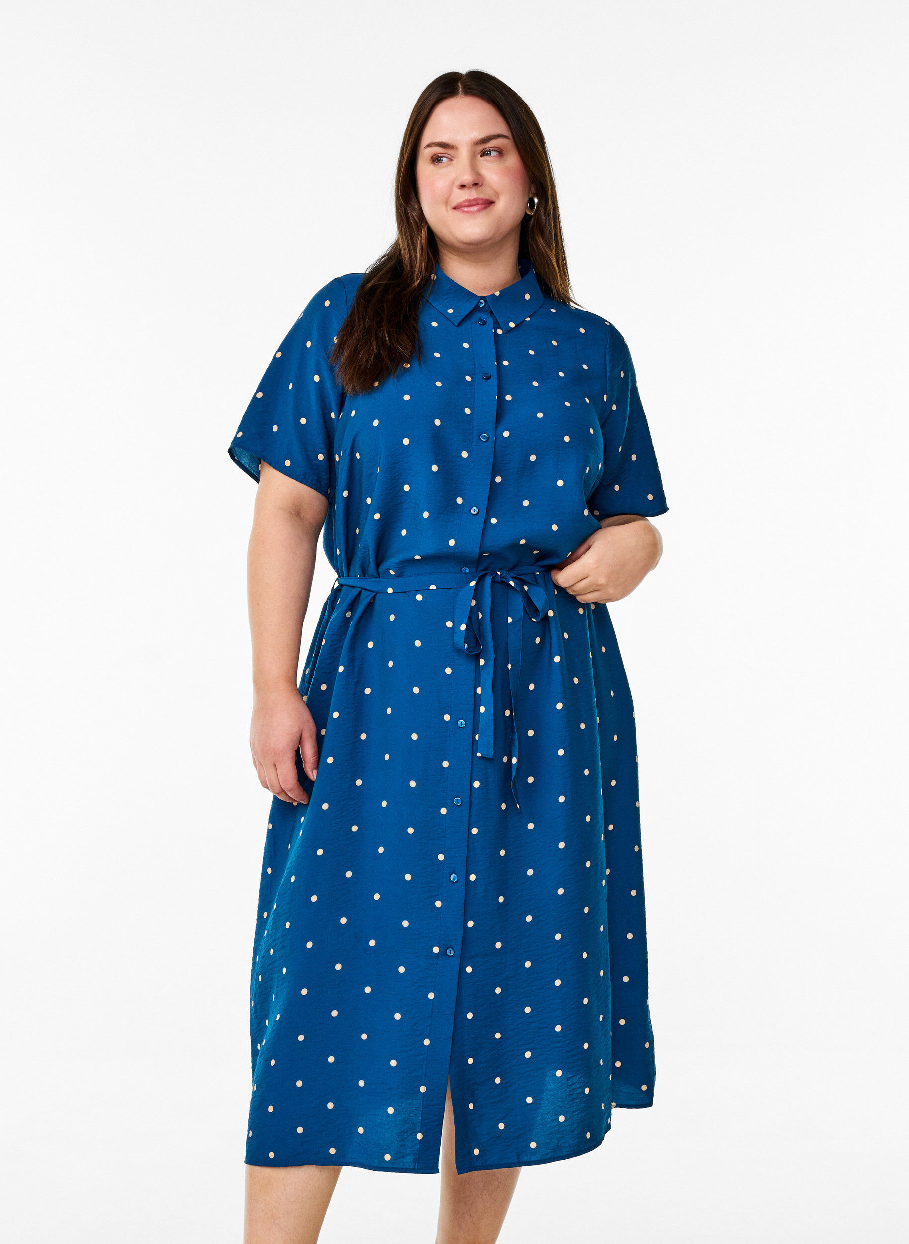 Midi shirt dress with polka dots, Blue, Model