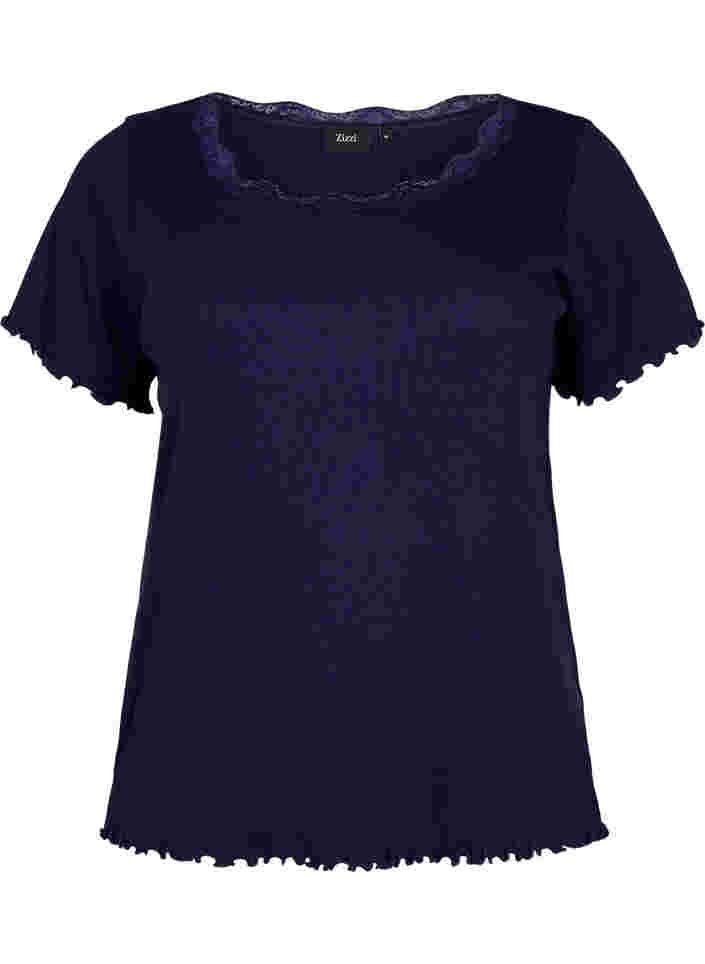 Short-sleeved pyjama top with lace trim, Peacoat, Packshot image number 0