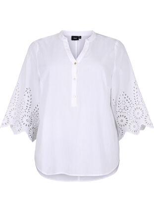Shirt blouse with broderie anglaise and 3/4 sleeves, Bright White, Packshot image number 0