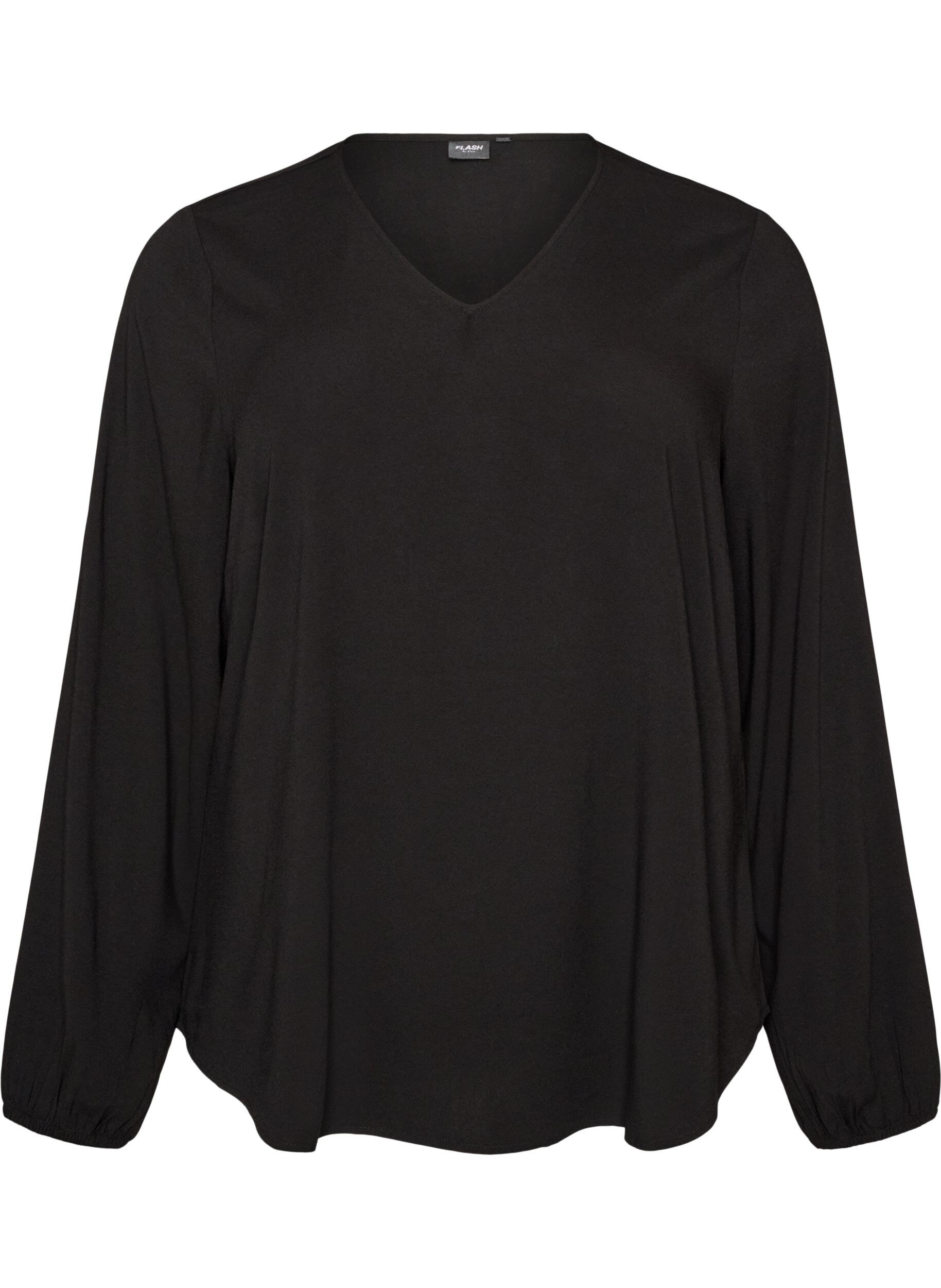 ZizzifashionViscose blouse with a V-neck and long sleeves, Black, Packshot image number 0