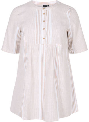 Short-sleeved tunic with buttons, White Taupe Stripe, Packshot image number 0