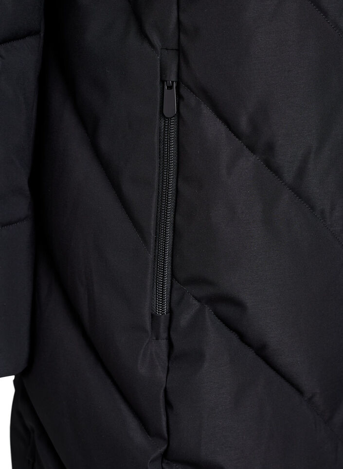 Long winter coat with hook fastenings and a faux fur collar, Black, Packshot image number 3
