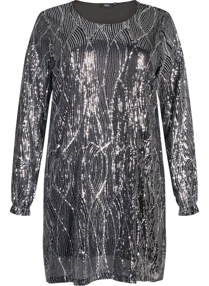 Long-sleeved sequin dress with pattern, Silver Sequins, Packshot image number 0