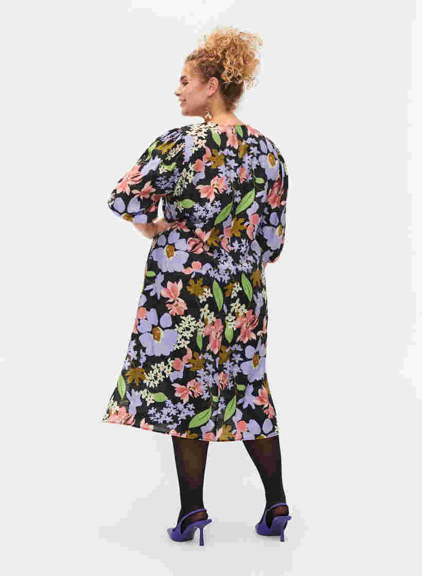 Floral viscose midi dress with 3/4 sleeves, Purple Green Flower, Model image number 1