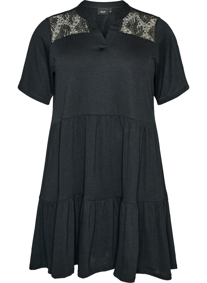 Jersey dress with lace details and a layered skirt, Black, Packshot image number 0